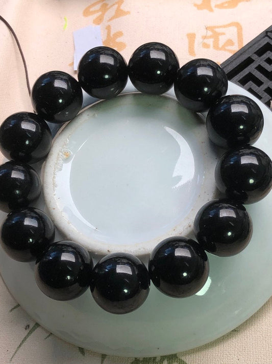 Bracelet en Jadéite Noire Naturelle – Perles Rondes 10 à 16 mm – Bijou Mixte Élégant