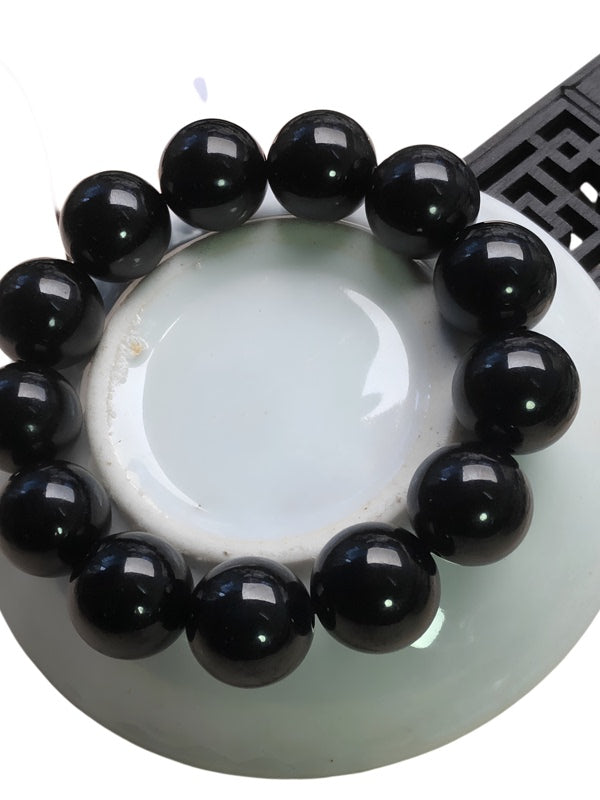 Bracelet en Jadéite Noire Naturelle – Perles Rondes 10 à 16 mm – Bijou Mixte Élégant